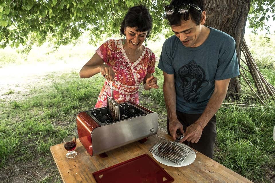 Teal Transportable Charcoal Barbecue with Compact Vertical Cooking from MYOP