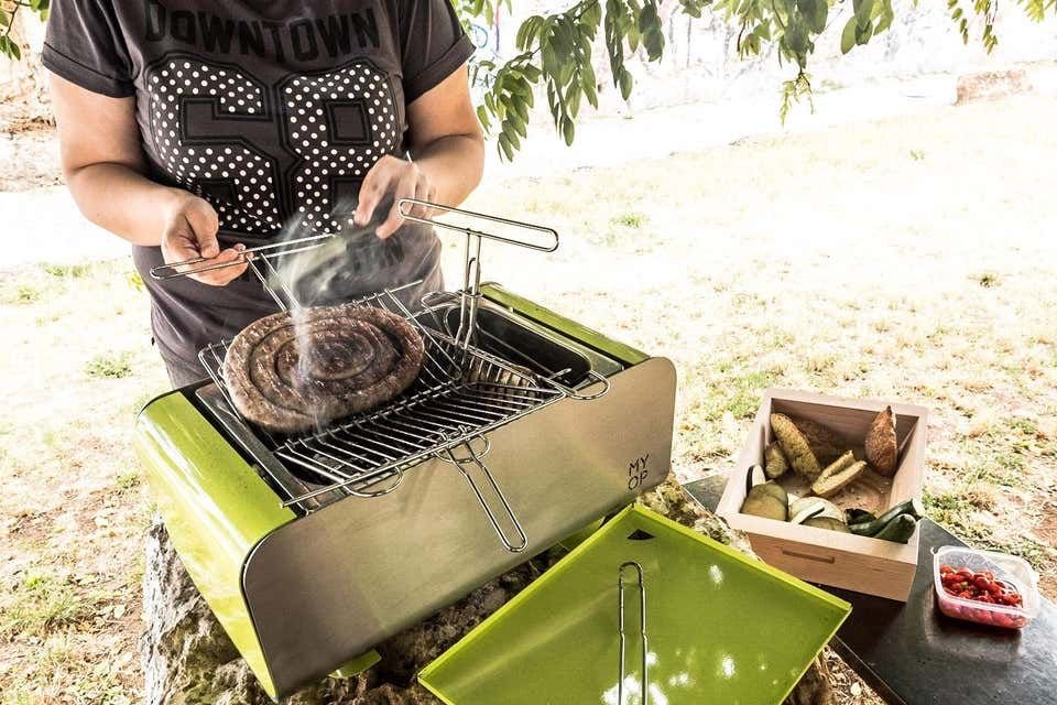 Teal Transportable Charcoal Barbecue with Compact Vertical Cooking from MYOP