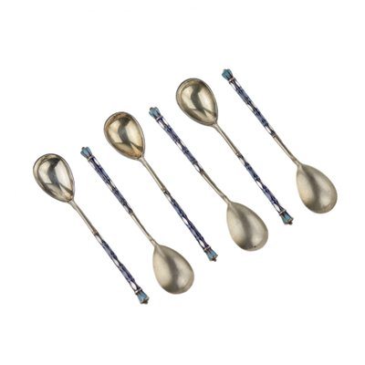 Teaspoons Decorated with Enamel in the Original Case, Moscow, 1917, Set of 7-WMV-1781037