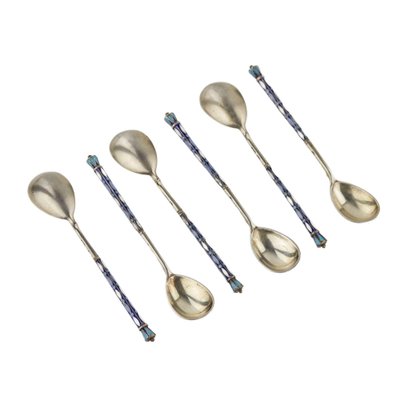 Teaspoons Decorated with Enamel in the Original Case, Moscow, 1917, Set of 7-WMV-1781037