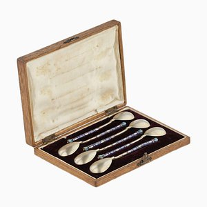 Teaspoons Decorated with Enamel in the Original Case, Moscow, 1917, Set of 7-WMV-1781037