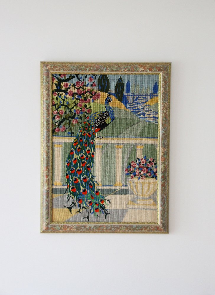 Textile Artwork with Peacock in Park Landscape, 1980s