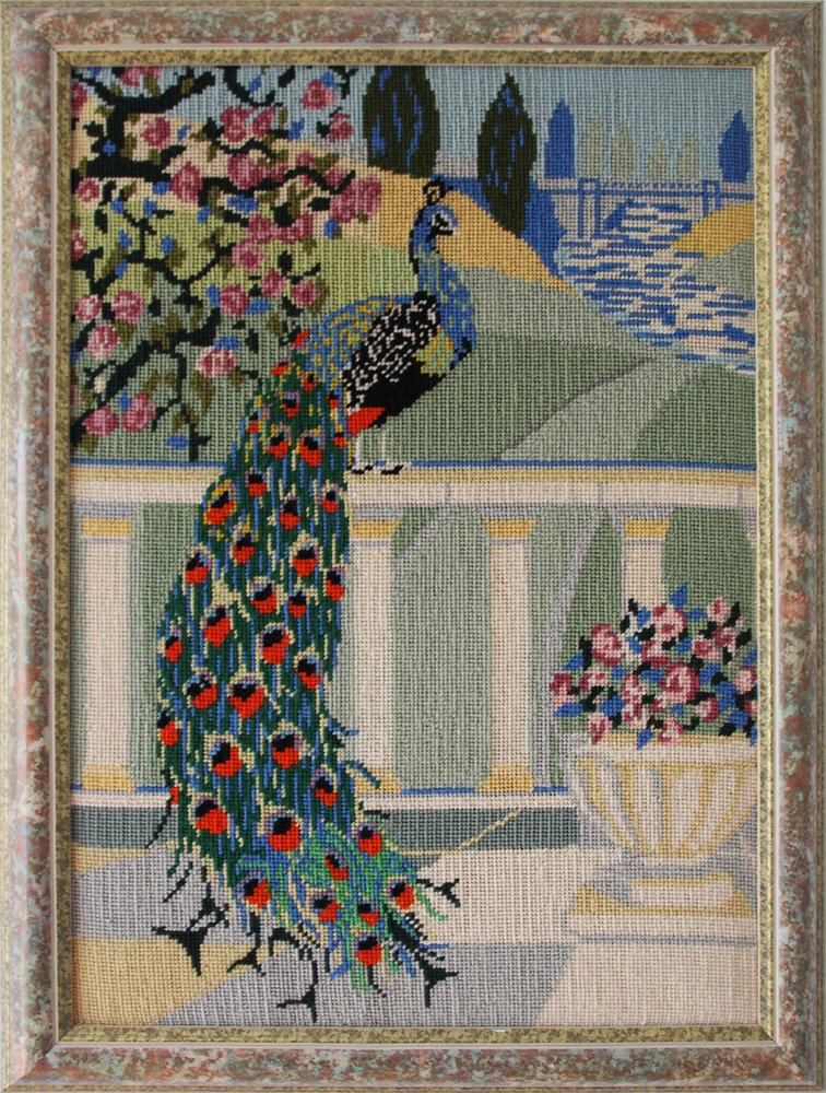 Textile Artwork with Peacock in Park Landscape, 1980s