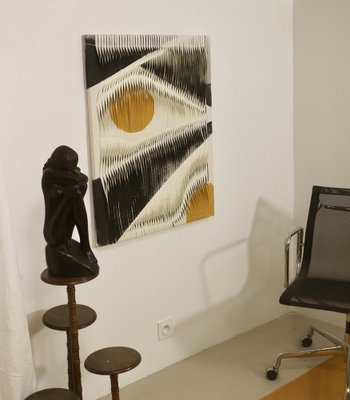 Textile Sculpture Board with Wave and Relief Effect in Charcoal and Yellow Shades-OTF-1817697