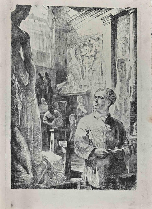 The Artist in Fine Art Academy, Original Etching, Early 20th-Century