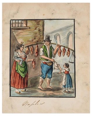 The Butcher - Original Ink and Watercolor by Anonymous Neapolitan Master - 1800 Early 20th Century-ZCI-757294