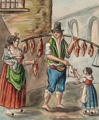 The Butcher - Original Ink and Watercolor by Anonymous Neapolitan Master - 1800 Early 20th Century-ZCI-757294