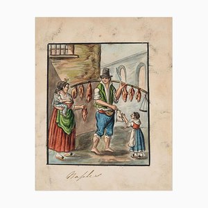 The Butcher - Original Ink and Watercolor by Anonymous Neapolitan Master - 1800 Early 20th Century-ZCI-757294