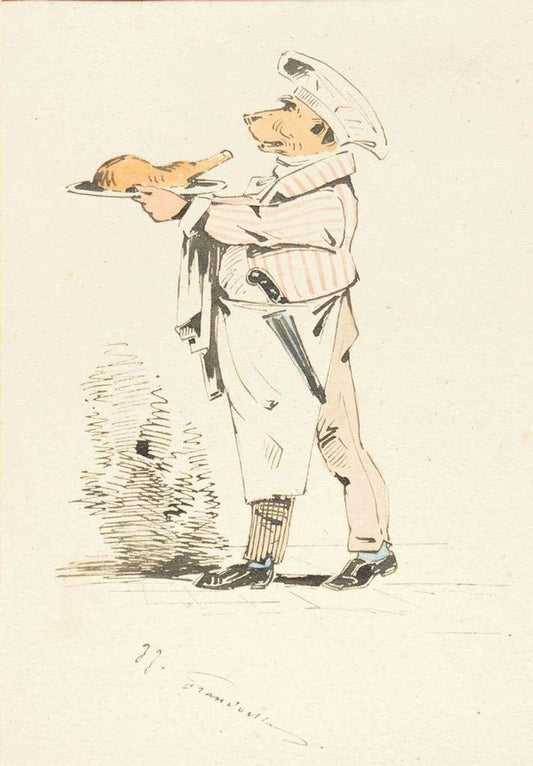 The Chef - Original Ink Drawing and Watercolor by J.J. Grandville 1845 ca.