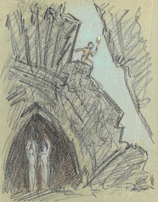 The Descent Into the Cave, Original Pencil and Pastel Drawing, 20th Century-ZCI-889882