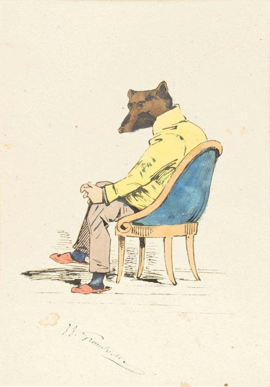 The Intellectual - Original Ink Drawing and Watercolor by J.J. Grandville 1845 ca.