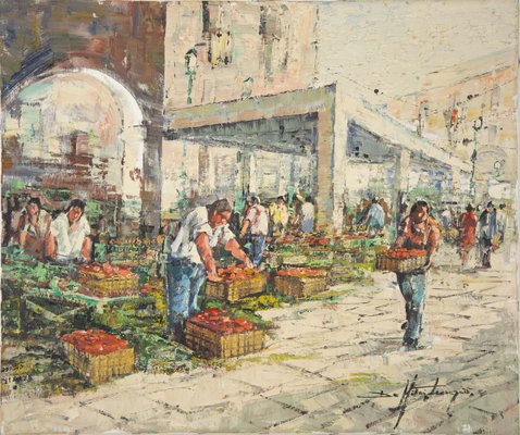 The Market - Oil on Canvas by L. De Mitri - 1980s 1980s-ZCI-757684