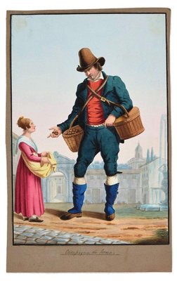 The Peddler - Original Ink and Watercolor by Anonymous Italian Artist - 1800 19th Century-ZCI-758643