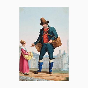 The Peddler - Original Ink and Watercolor by Anonymous Italian Artist - 1800 19th Century-ZCI-758643