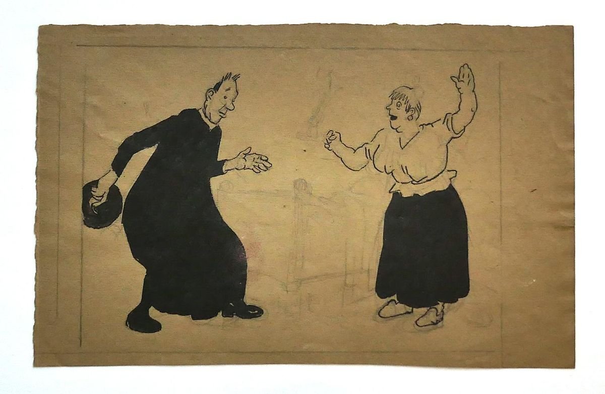 The Priest and the Housewife - Pencil Drawing by G. Galantara - 20th Century Early 20th Century