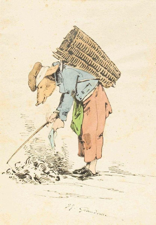 The Ragman - Original Ink Drawing and Watercolor by J.J. Grandville 1845 ca.