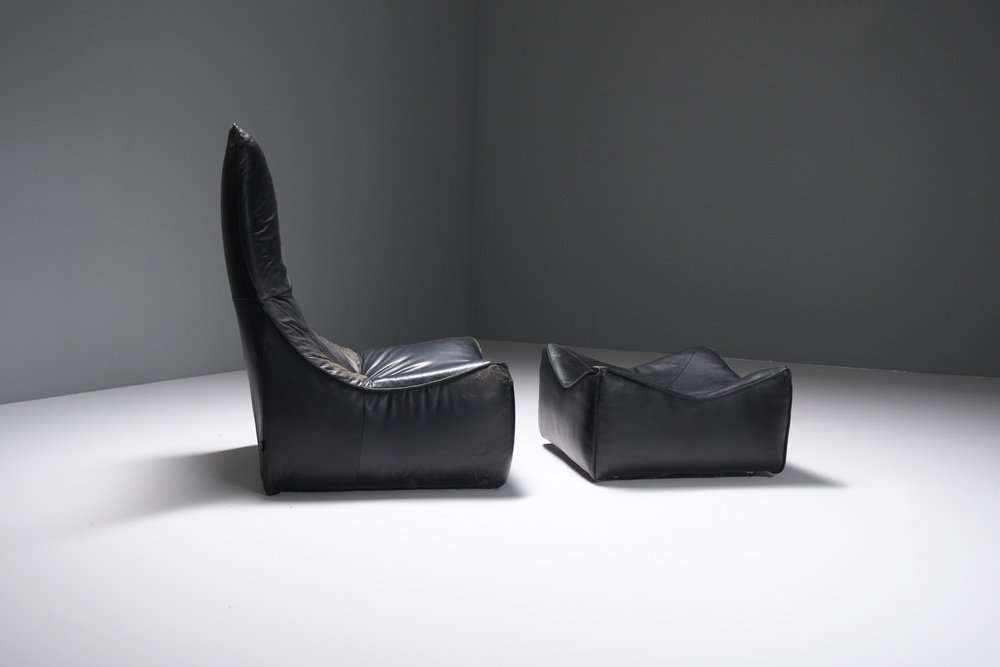 The Rock Lounge Chair & Pouf in Black Leather by Gerard Van Den Berg - Montis, Set of 2