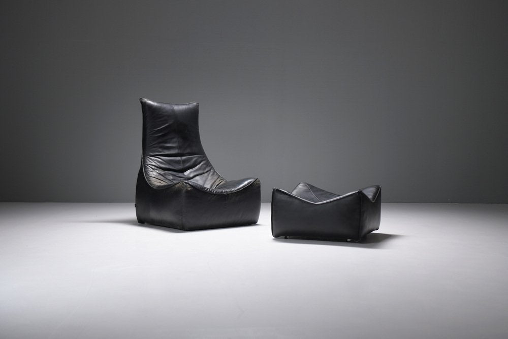 The Rock Lounge Chair & Pouf in Black Leather by Gerard Van Den Berg - Montis, Set of 2