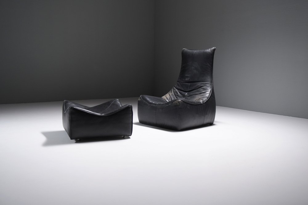 The Rock Lounge Chair & Pouf in Black Leather by Gerard Van Den Berg - Montis, Set of 2