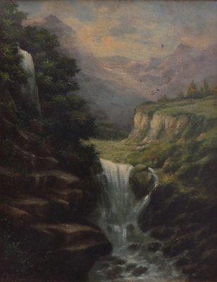 The Waterfall, English School, Italy, Oil on Canvas, Framed-YUW-1299387