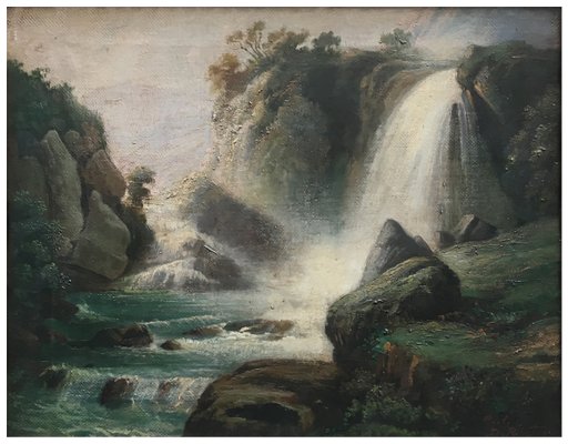 The Waterfall, French School, Italy, Oil on Canvas, Framed-YUW-1299389