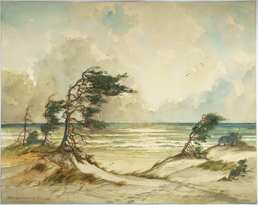 Theodor Scheerbaum, Wind Dodgers at the Baltic Sea, 1955, Work on Paper