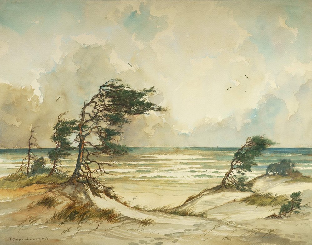 Theodor Scheerbaum, Wind Dodgers at the Baltic Sea, 1955, Work on Paper