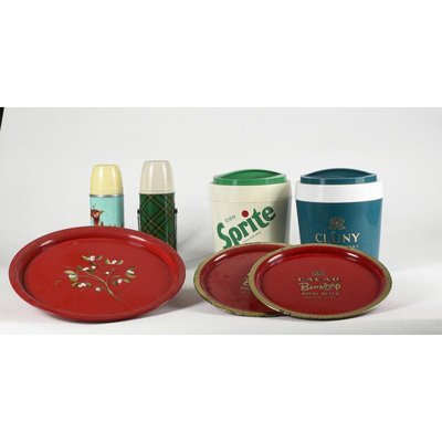 Thermos, Trays & Plastic Advertising Ice Buckets, Italy, 1980s, Set of 7-RAQ-779296