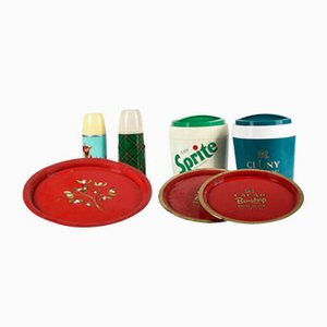 Thermos, Trays & Plastic Advertising Ice Buckets, Italy, 1980s, Set of 7-RAQ-779296