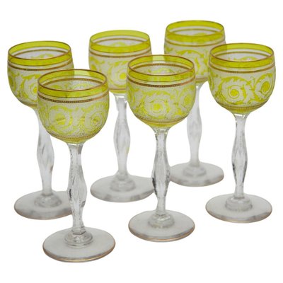 Thistle Engraving Green Wine Glasses, France, 1910s, Set of 6-KL-1769271