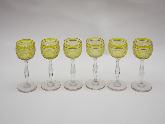 Thistle Engraving Green Wine Glasses, France, 1910s, Set of 6-KL-1769271