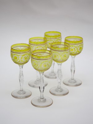 Thistle Engraving Green Wine Glasses, France, 1910s, Set of 6-KL-1769271