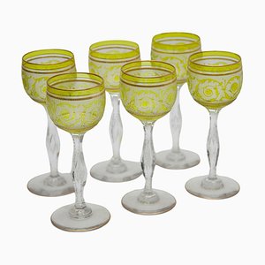 Thistle Engraving Green Wine Glasses, France, 1910s, Set of 6-KL-1769271