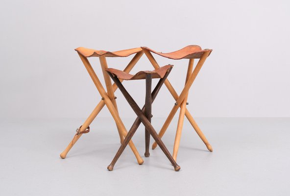 Three Folding Hunting Chairs with Leather Seats, 1960s, Set of 3-GCG-1823919