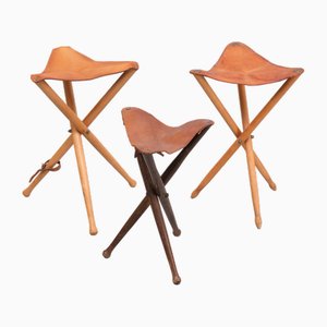 Three Folding Hunting Chairs with Leather Seats, 1960s, Set of 3-GCG-1823919