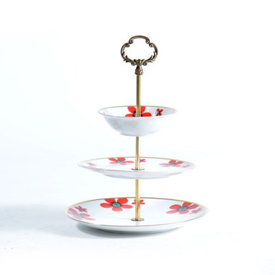 Three Layer Cake Stand in Brass and Porcelain, Czechoslovakia, 1950s-UL-805887