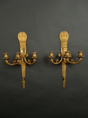 Three-Light Gilt Bronze Palmette Wall Lights, Set of 2-QKG-2034414