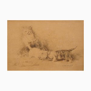 Three Little Cats - Original China Ink Drawing by L.-E- Lambert - 1890 ca. 1890 ca-ZCI-756189