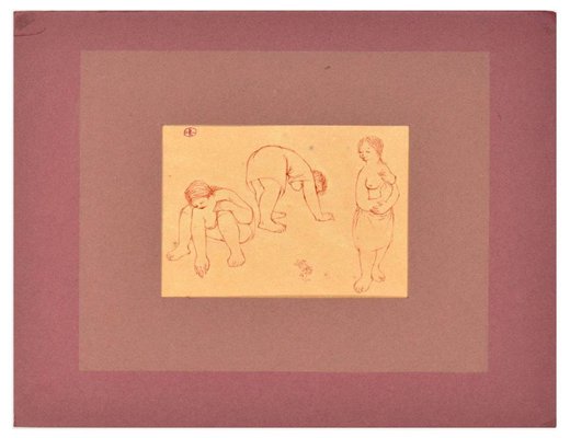 Three Nudes - Original Red Pen on Paper by Unknown French Artist Early 1900 Late 18th Century-ZCI-755629