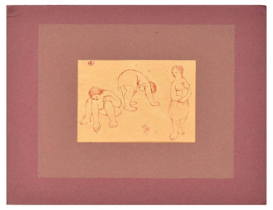 Three Nudes - Original Red Pen on Paper by Unknown French Artist Early 1900 Late 18th Century