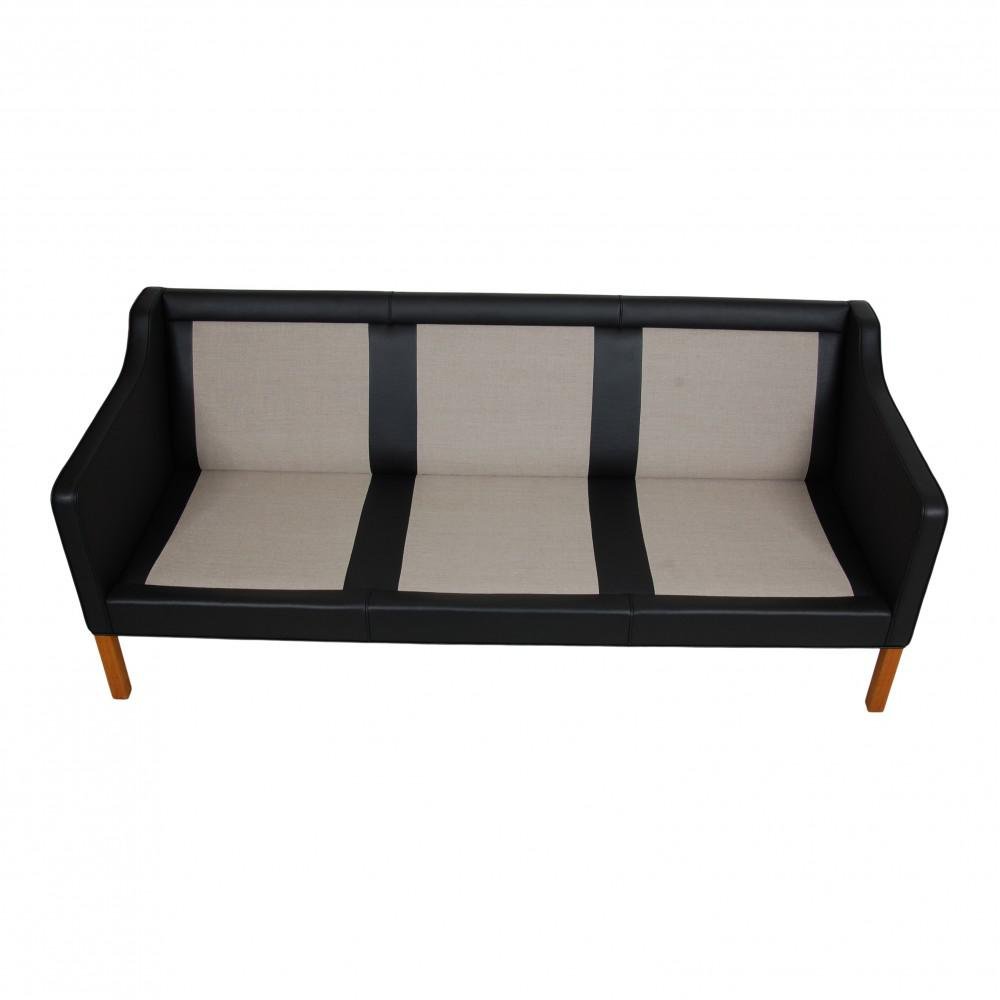 Three Seater 2323 Sofa in Black Bison Leather by Børge Mogensen for Fredericia