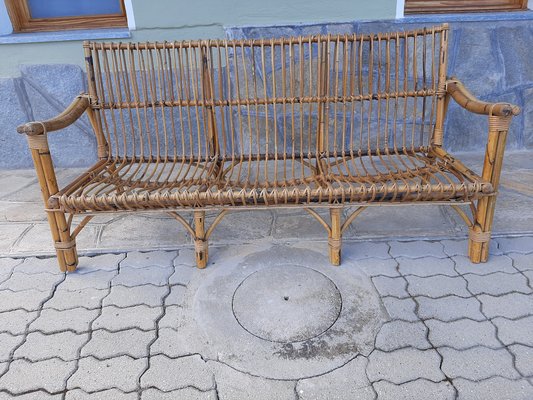 Three-Seater Sofa in Rattan with Original Cushions, 1950s-OHK-990461