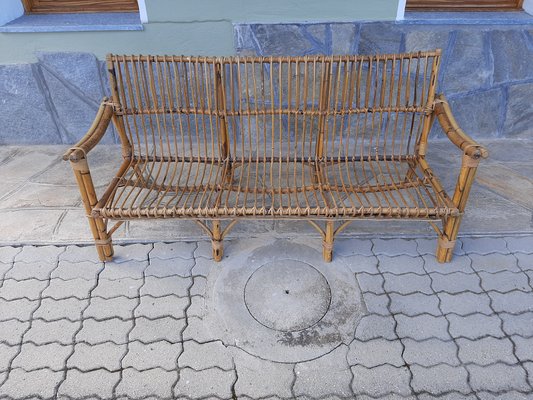 Three-Seater Sofa in Rattan with Original Cushions, 1950s-OHK-990461