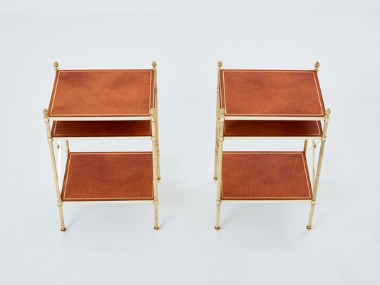 Three-Tier Side Tables in Brass & Brown Leather from Maison Jansen, 1970s, Set of 2-YJA-1787032