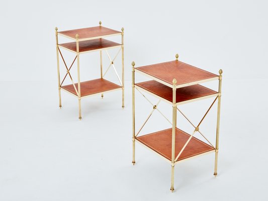 Three-Tier Side Tables in Brass & Brown Leather from Maison Jansen, 1970s, Set of 2-YJA-1787032