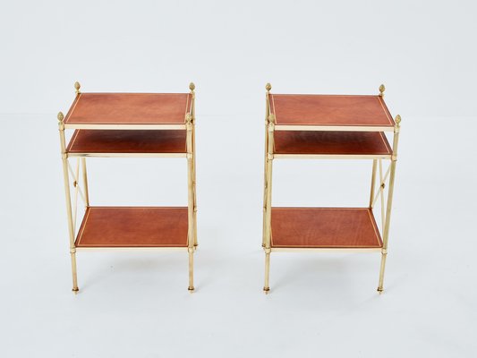 Three-Tier Side Tables in Brass & Brown Leather from Maison Jansen, 1970s, Set of 2-YJA-1787032