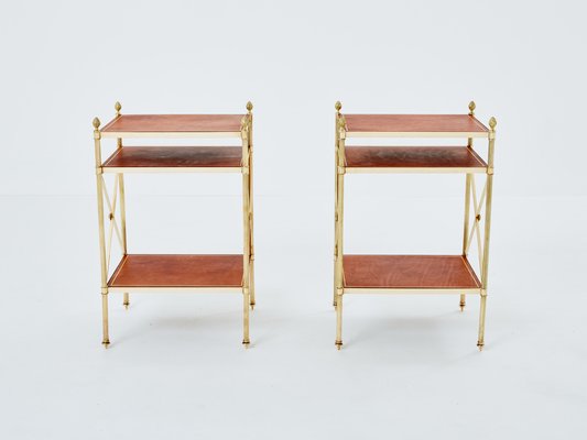 Three-Tier Side Tables in Brass & Brown Leather from Maison Jansen, 1970s, Set of 2-YJA-1787032