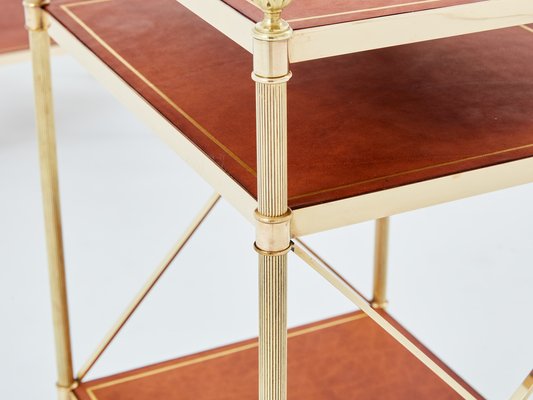 Three-Tier Side Tables in Brass & Brown Leather from Maison Jansen, 1970s, Set of 2-YJA-1787032