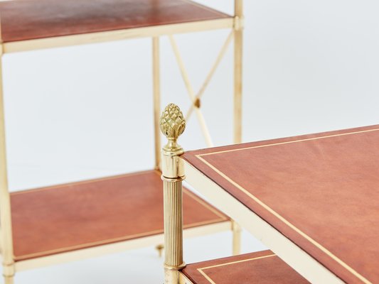 Three-Tier Side Tables in Brass & Brown Leather from Maison Jansen, 1970s, Set of 2-YJA-1787032