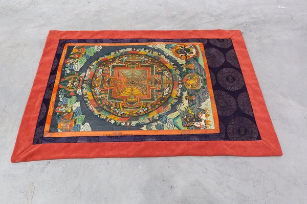 Tibetan Thangkas in Painted Fabric Framed in Silk and Velvet, 1950s, Set of 2-UJE-665879